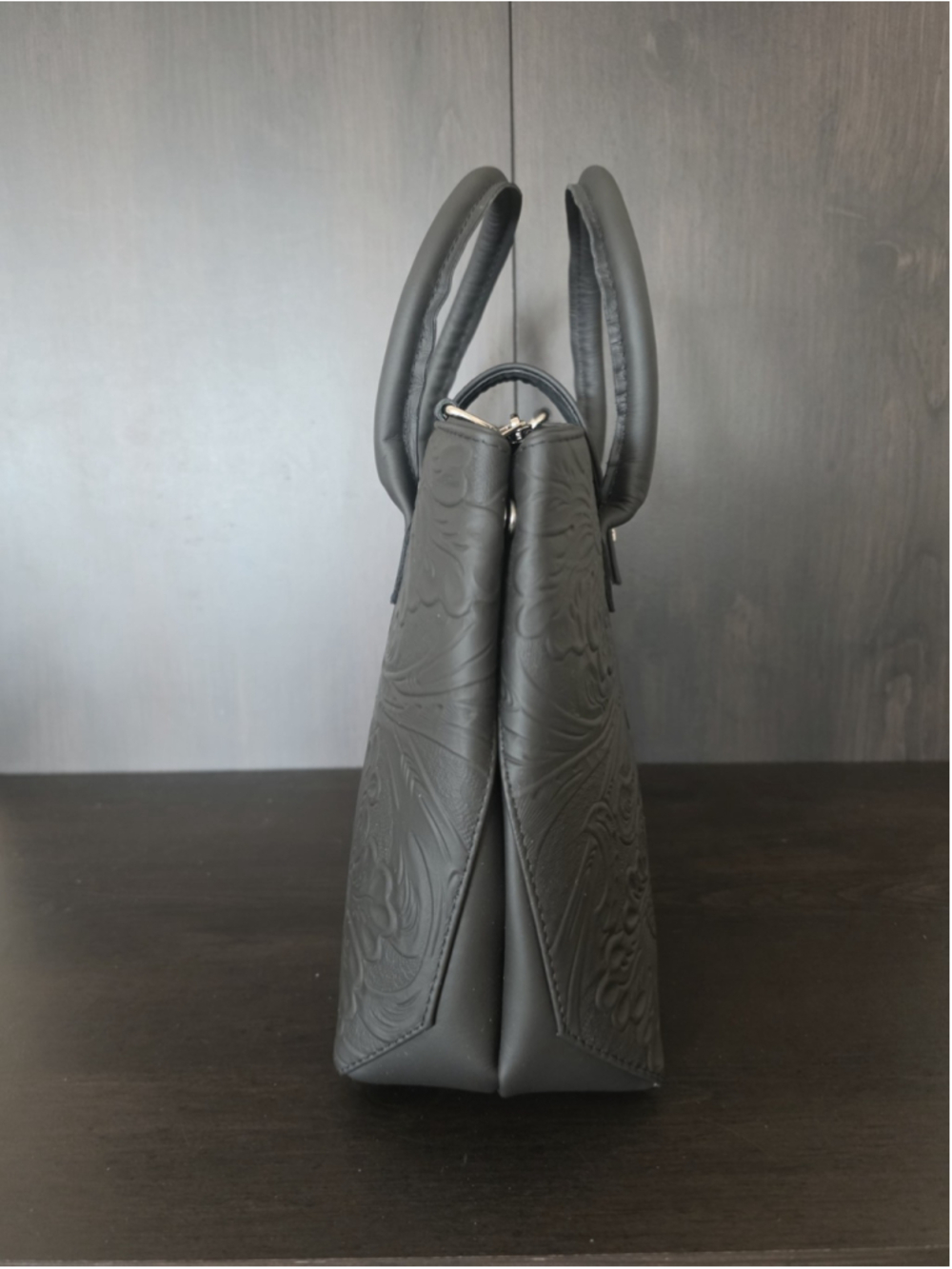 Black Floral Embossed Tooled Artisan LEATHER Hobo Bag Purse Crossbody - Picture 9 of 16